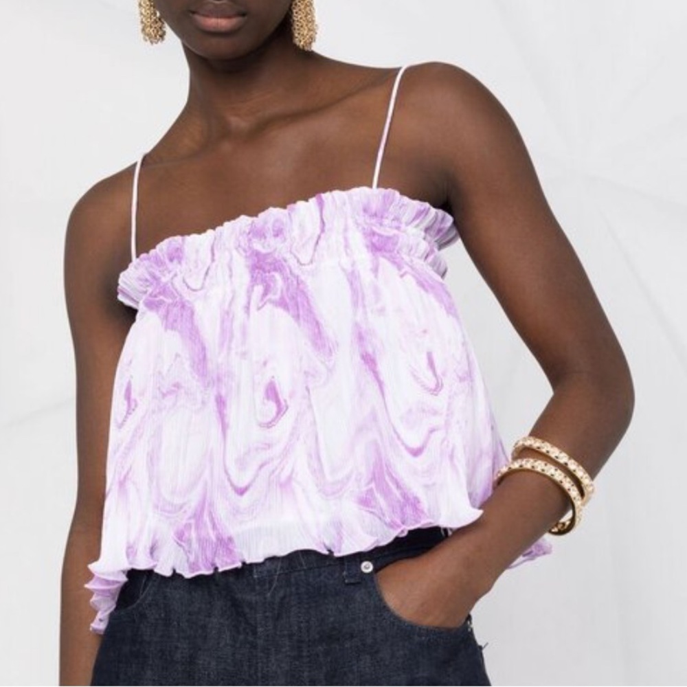 GANNI purple pleated abstract print crop top